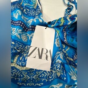 Zara NWT Blue Boho Paisley Wrap Mini Dress Size S Tie Back Summer Resort